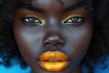A Stunning Doll-like Woman With Gold Makeup Accentuating Her Captivating Eyes And Plump Lips, Creating A Mesmerizing Close-up That Exudes Glamour And Allure