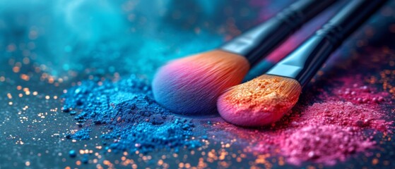 Makeup cosmetic brushes with powder blush explosion on black background. Skin care or fashion concept. Free space for your text