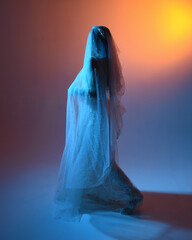 Wall Mural - Close up portrait of beautiful model wearing white wedding gown and ghostly flowing veil like a shroud. Moody cinematic lighting, isolated on a dark studio background.