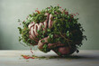 Human brain model with herbs and red flowers