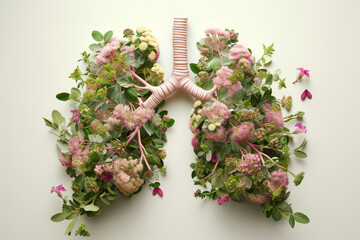 Artificial human lungs made of flowers and plants on light background. Health care concept