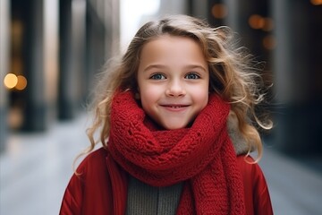 Portrait of a cute little girl in red coat and scarf in the city