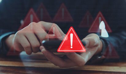 Emergency warning alert alarm on Smartphone, Data network protection, Virus alarm with people using application on smartphone.	
