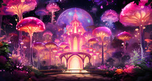 Fantasy Forest With Fairy Castle And Floating Purple Balloons