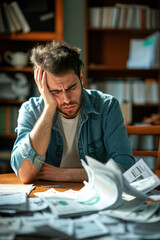 Young worried man with a pile of bills or tax papers looking confused or overwhelmed, being in debt or behind on taxes or bills