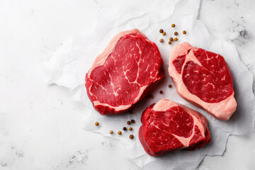 Wall Mural - Raw beef steaks on white marble overhead shot with spices and herbs