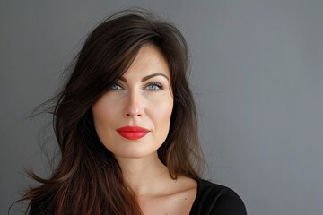 Headshot of a very attractive mature woman posing looking at the camera on a gray background