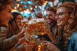 A group of happy people sitting at a table drinking beer. People celebrating Oktoberfest, beer festival