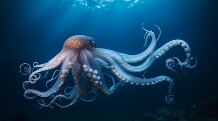 Wall Mural - An octopus in a deep, beautiful blue ocean.