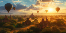 Bagan Panorama With Temples And Hot Air-ballons During Sunrise