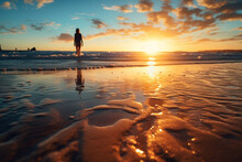 Smiling Woman Man With Serene Atmosphere Of A Coastal Paradise Is Showcased By Glimmering Ripples, Sandy Shores, And Magical Reflection Of Sun On Tranquil Surface Of A Beach