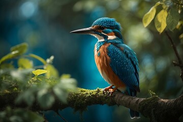 Wall Mural - A majestic Kingfisher, perched on a branch in the lush Greek landscape,