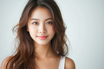 Wall Mural - Beautiful young asian woman with perfect healthy smooth skin facial portrait isolated background