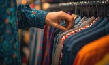 Fototapeta  - hand picking a shirt from a row of clothes in a clothing store. selective focus