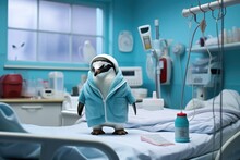 A Stuffed Penguin In A Hospital Room Next To A Bed. Generative AI.