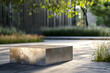 A contemporary outdoor stone bench basks in the dappled sunlight, surrounded by a tranquil modern landscape architecture.