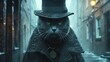 © IBRAHEEM'S AI - A suave British Shorthair, donning a detective's hat and magnifying glass, solving mysteries in a foggy Victorian-era London alleyway.