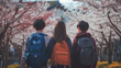 新しく小学生になる3人がどきどきしながら桜並木を歩いている後ろ姿、リュックを背負った新入生