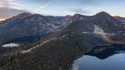Wall Mural - Aerial panoramic view of Emerald Bay and Cascade Lake landscape in Lake Tahoe, Califoria during morning sunrise alpenglow
