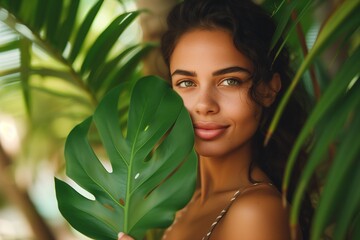 Stunning close-up of a young woman with a fresh, natural look, peering through vibrant green monstera leaves, emphasizing her exotic beauty.