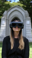 Canvas Print - A woman wearing virtual reality glasses in front of a stone monument. Generative AI.