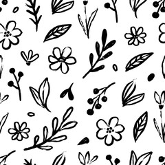Aufkleber - Abstract flower doodle brush seamless pattern. Sketch hand drawn spring floral plant, nature graphic leaf, scribble grunge brush texture black and white ink seamless pattern. Vector illustration