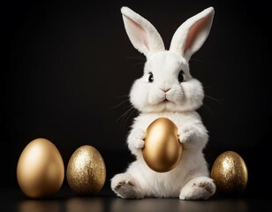 A cute white fluffy Easter bunny holds golden festive eggs in its paws on a black background with a free place to insert text