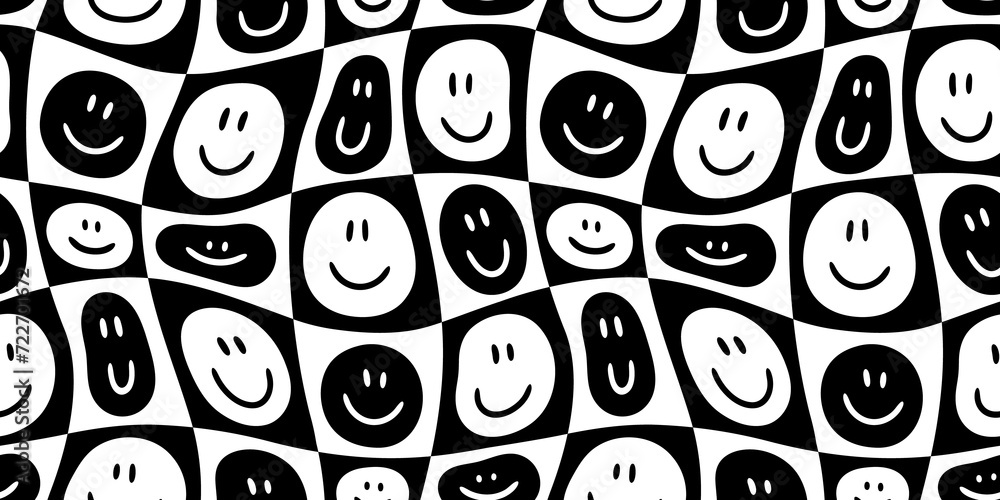 Funny smiling happy face checkered seamless pattern. Retro psychedelic ...