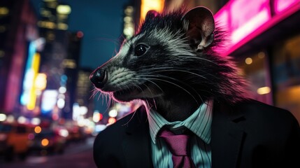 Poster - A raccoon in a suit and tie on a city street. Generative AI.