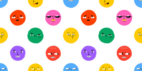 Wall Mural - Funny happy face circle cartoon seamless pattern. Diverse mood reaction doodle background in hand drawn style. Fun children character texture print, friendly emotion sticker wallpaper.