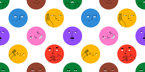 Wall Mural - funny happy face circle cartoon seamless pattern. diverse mood reaction doodle background in hand dr