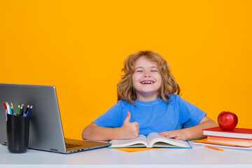 Wall Mural - School child student learning in class, study english language at school. Elementary school child. Portrait of funny pupil learning.