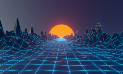 Futuristic retro landscape of the 80`s.Digital Retro Cyber Surface.