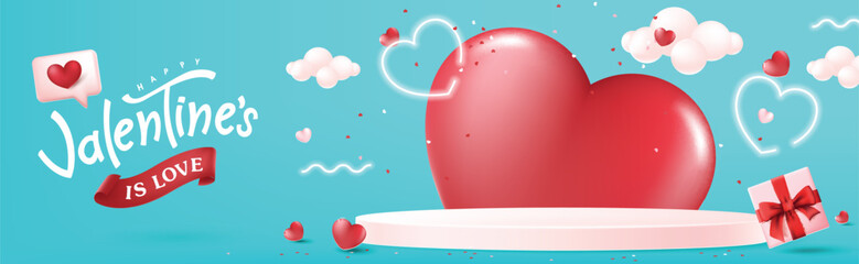 Wall Mural - valentines day promotion banner background with product display cylindrical shape and festive heart 