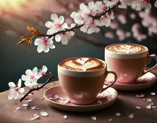 Artistic beautiful romance two cups of latte coffee or chocolate serve with cherry blossom