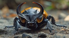 The Black, Horned Rhinoceros Beetle AI Generated Image