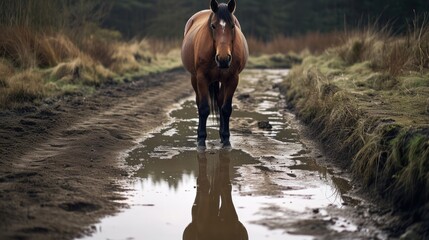 Wall Mural -  a brown horse walking down a muddy road next to a puddle of water on the side of a dirt road.