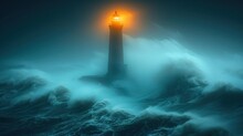  A Lighthouse In The Middle Of A Large Body Of Water With A Bright Light On Top Of It In The Middle Of The Ocean.