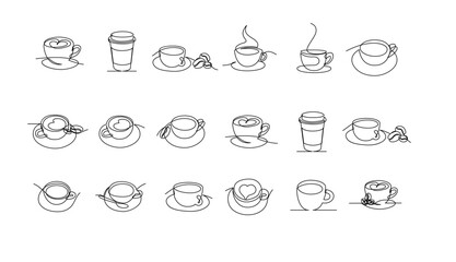 Cup continuous line art. Coffee or tea cup one line drawing. Hot drink with steam