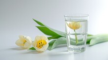  A Glass Of Water With A Yellow Flower In It Next To Another Glass Of Water With A Yellow Flower In It.