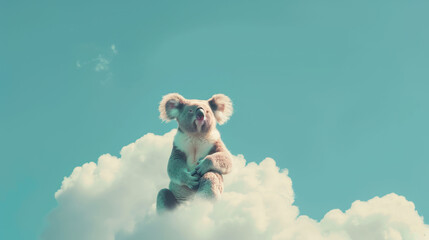 Poster -  a koala bear sitting on top of a cloud in the sky with a blue sky and clouds behind it.