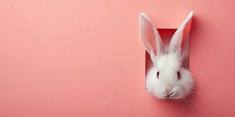 Easter Bunny Concept, White Rabbit Ear Emerging from a Hole in a Pastel Pink Paper Background