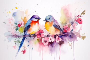 Wall Mural - Nature and animals concept. Composition of colorful birds and flower blossoms in watercolor drawing style