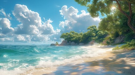 Wall Mural -  a painting of a beach with waves crashing on the shore and trees in the foreground and clouds in the background.