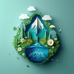 Wall Mural - Paper art style, Waterdrop of ecology and world water day, Save the water concept