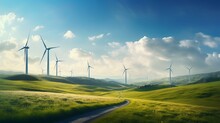 Windmills Turbines In A Natural Field For Wind Generation