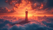  A Lighthouse In The Middle Of A Sea Of Clouds With A Bright Orange Sun In The Middle Of The Sky.