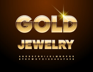 Vector glamour logo Gold Jewelry. Luxury style Font. Precious Alphabet Letters and Numbers set