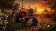 Modern tractor at the garden with beautiful sunset view. Indicating active work in farming and agriculture concept. Created with Generative AI