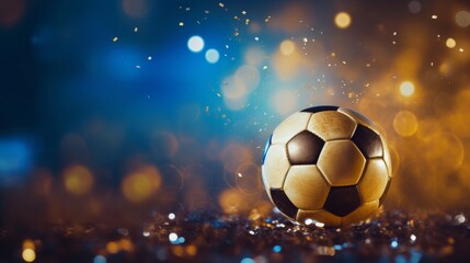 Wall Mural - A classic black and white soccer ball amidst shimmering golden sparkles and bokeh effect on a dark backdrop.